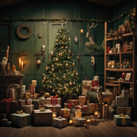 Christmas tree with presents under it in a room with a wooden floorの素材