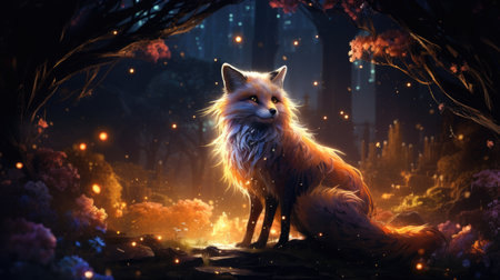 Fantasy scene with red fox in the forest.の素材