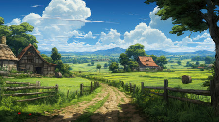 Rural landscape with a village in the mountainsの素材