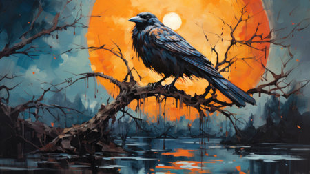a crow sitting on a branch in front of a full moonの素材