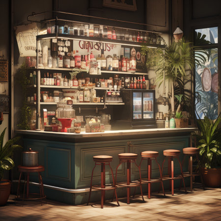 Coffee shop interior with bar counter and chairsの素材