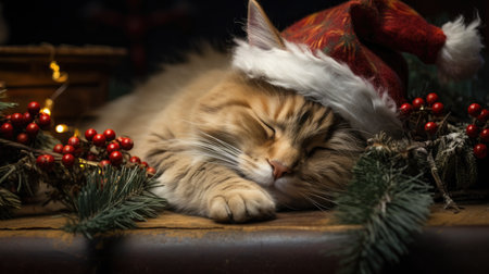 Cute cat in santa hat sleeping on a wooden table.の素材