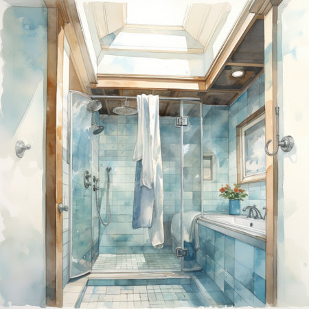 Watercolor illustration of a bathroom with a shower and a shower stallの素材