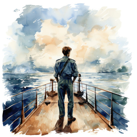 Watercolor illustration of a man standing on the deck of a ship.の素材