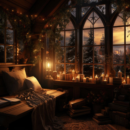 Christmas interior with a window with a view of the night city.の素材