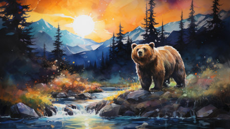 a brown bear on the background of a mountain river.の素材
