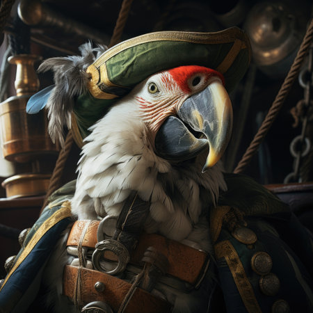 Portrait of a parrot in a pirate costume on a shipの素材