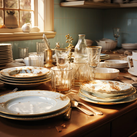 Vintage tableware in a rustic kitchen, retro style.の素材