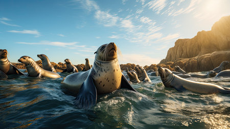 Sea lion on the rocks in the ocean.の素材