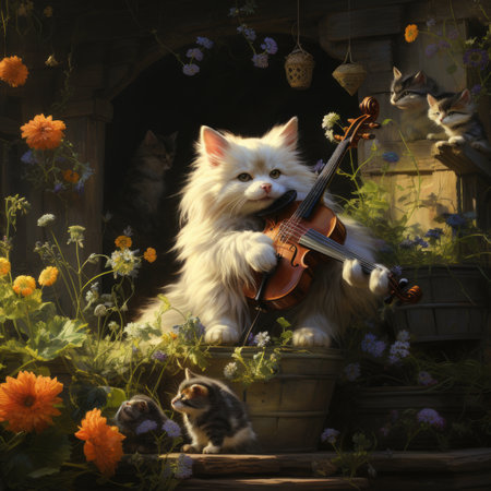 White cat playing the violin in the garden with flowers and chicken.の素材
