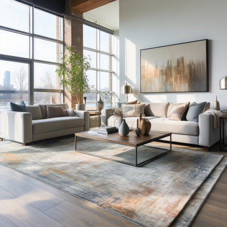 Luxury living room interior with a large window overlooking the city.の素材