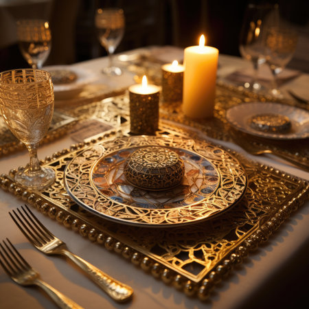 Table setting with golden platesの素材