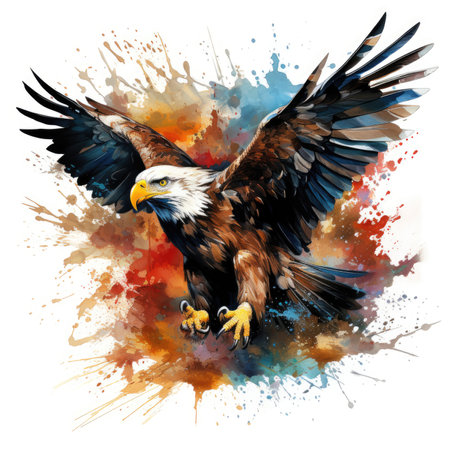 Bald eagle flying on watercolor splashes.の素材