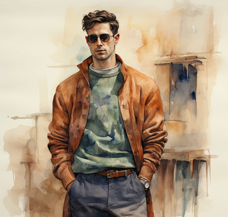 Portrait of a handsome man in a brown jacket and sunglasses.の素材