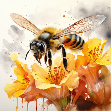 Honeybee on flowers. Watercolor illustration.の素材