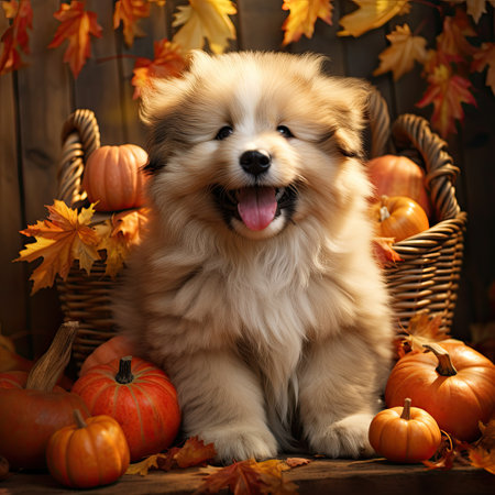 Cute puppy with pumpkins in basket on wooden table on autumn backgroundの素材