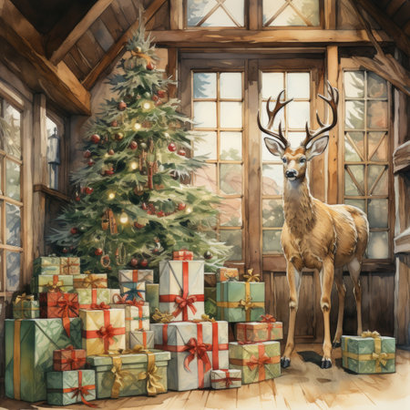Christmas greeting card with deer, gift boxes and christmas tree.の素材