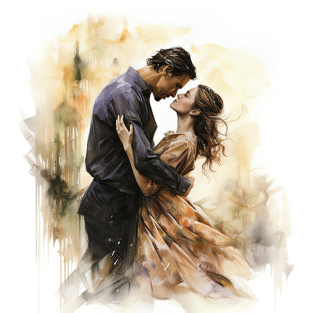 Watercolor Beautiful young couple in love.の素材