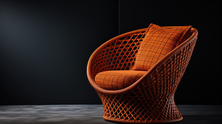 Wicker armchair with cushions on a dark background.の素材