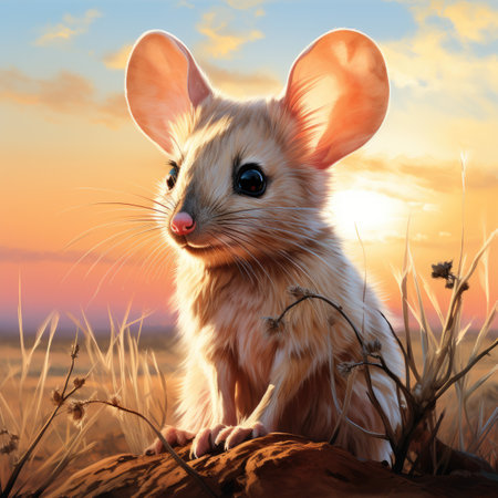 Little mouse in the meadow at sunset.の素材