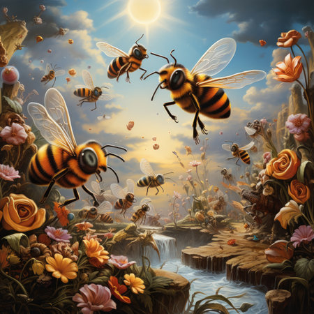 Honey bees flying over the spring flowers.の素材