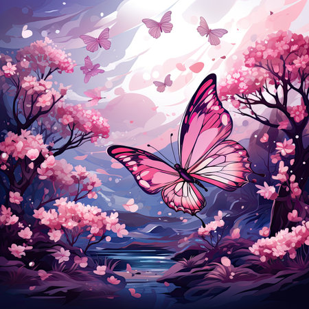 Cherry blossom landscape with butterfly, river and clouds.の素材