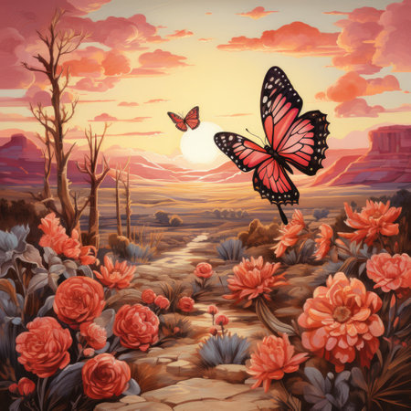 Beautiful sunset landscape with red flowers and butterflies.の素材