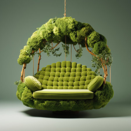 a green sofa with a swing in the gardenの素材