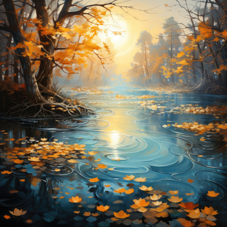 Autumn landscape with river and yellow leaves.の素材