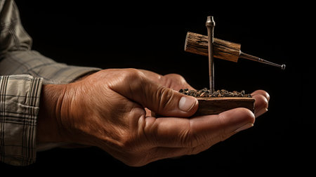 Closeup of a man's hand holding a wooden sign on a black backgroundの素材