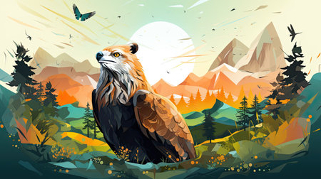 Vector illustration of a wild eagle sitting in a meadow in the mountains.の素材