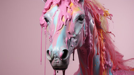 Horse head with colorful paint splashes on pink background.の素材