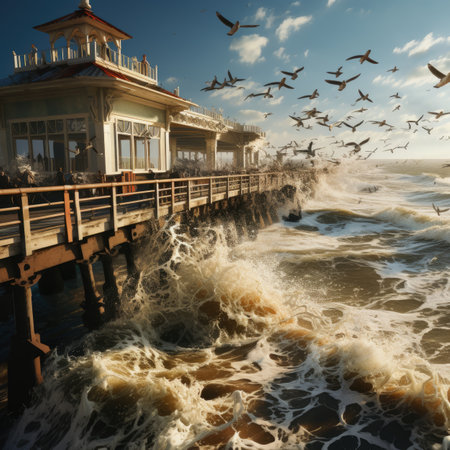 Beautiful seascape with pier and seagulls.の素材