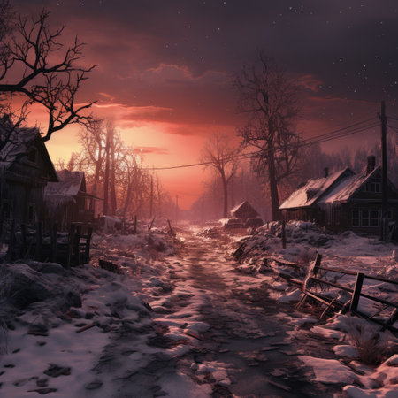 Fantasy winter landscape with old wooden houses in the village at sunsetの素材