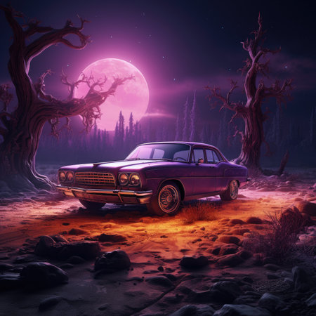 Vintage car in the forest at night.の素材