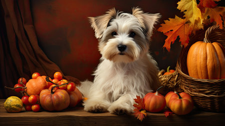Cute dog and pumpkins on wooden table, on dark backgroundの素材