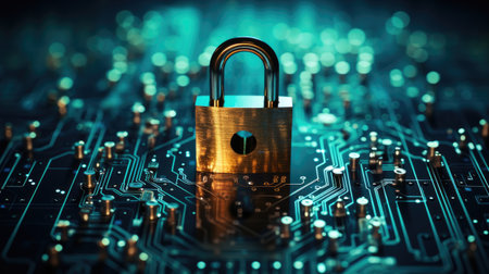 Padlock on electronic circuit background. Internet security concept.の素材