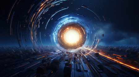 Futuristic tunnel with light rays in the sky.の素材