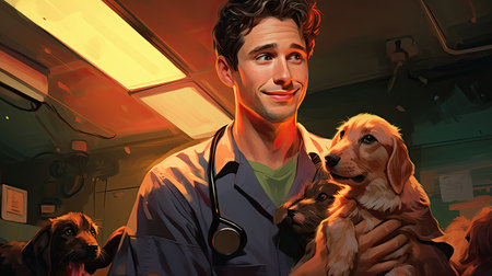 Portrait of a veterinarian with a dog in a veterinary clinic.の素材