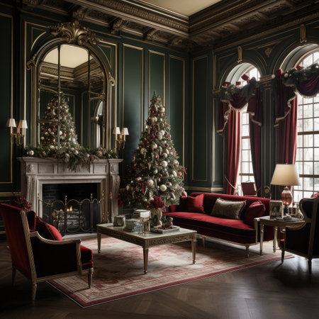 Classic apartments with Christmas tree and fireplace. Classic apartments with classic furniture. Christmas and New Year conceptの素材