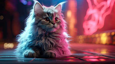 Siberian cat on the floor in a nightclub with red lightsの素材