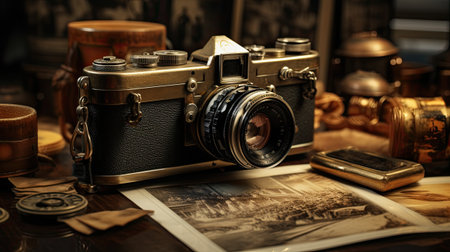Vintage camera and old photos on a wooden table. Selective focus.の素材