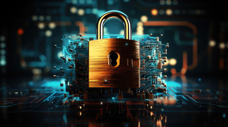 Cyber security concept. Padlock on circuit board backgroundの素材