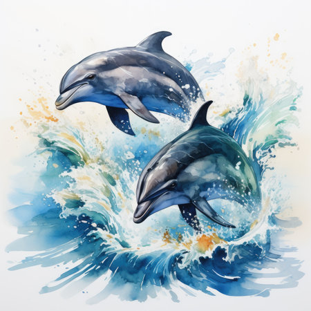 Watercolor two dolphins jumping in the sea with splashesの素材
