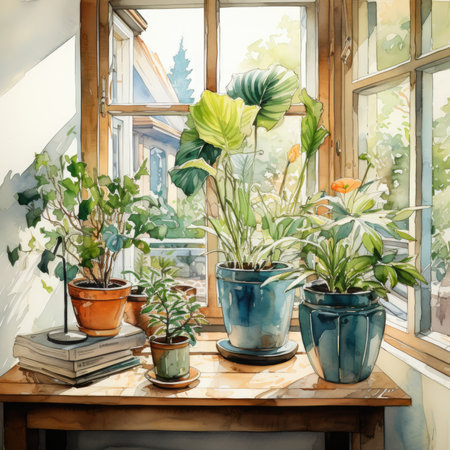 Watercolor Houseplants in pots on the windowsill.の素材