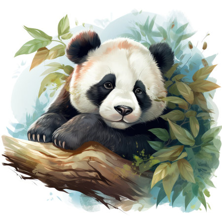 Panda bear sitting on a branch with green leaves.の素材