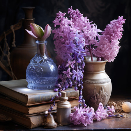 Vintage still life with hyacinths and old books on a dark backgroundの素材