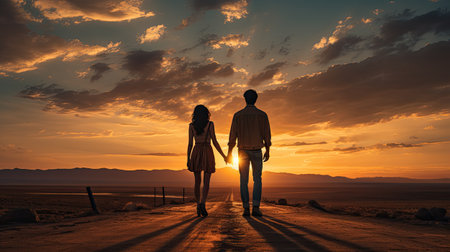 Silhouette of young couple holding hands and looking at the sunsetの素材
