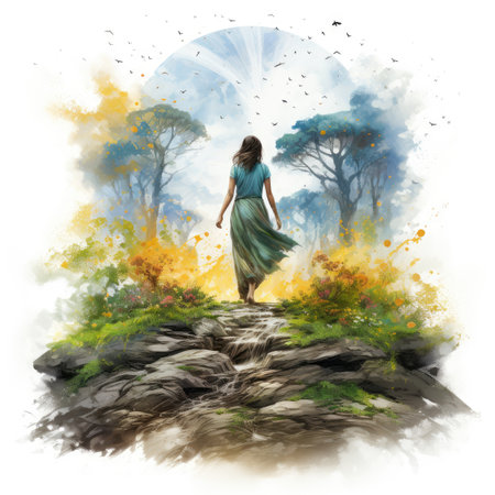 Watercolor Girl in long dress in the forest.の素材