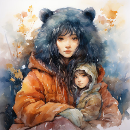 Watercolor mother with her daughter in winter clothes.の素材
